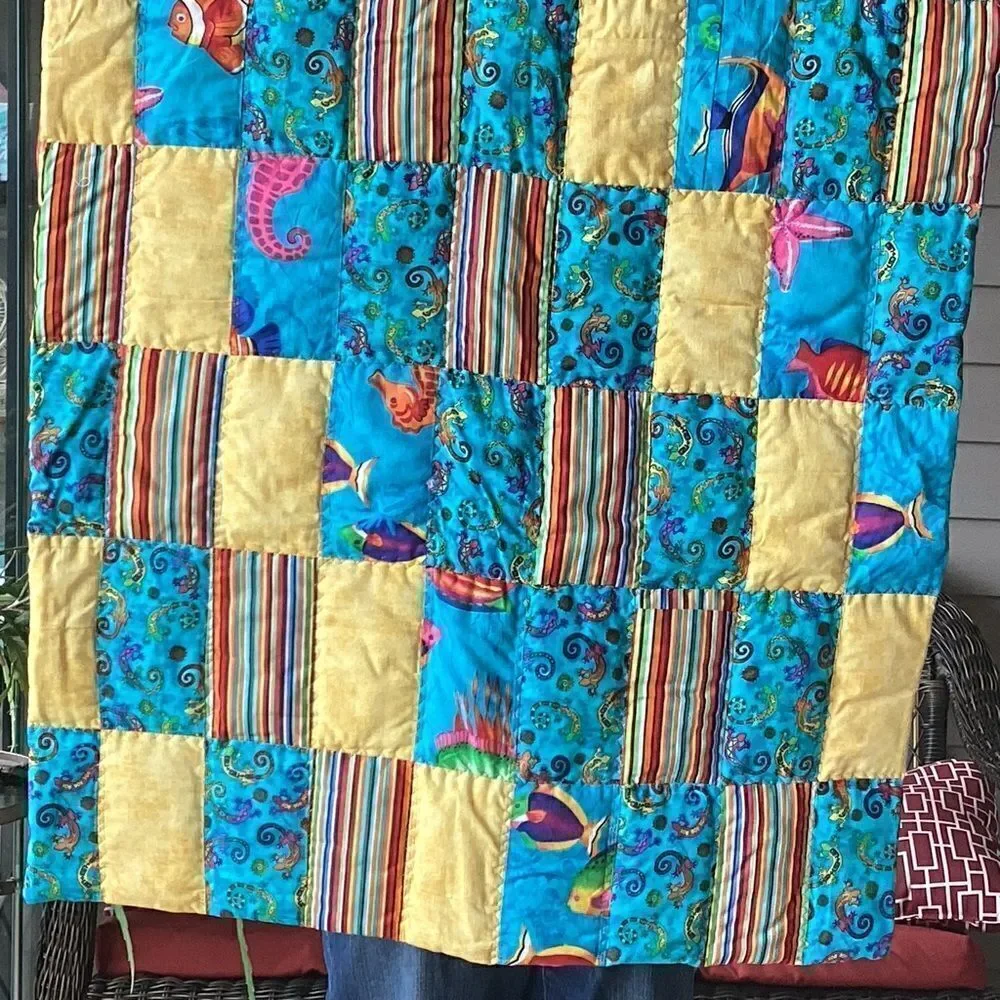 Hand Crafted Brights Fish and Reptile Children’s Quilt